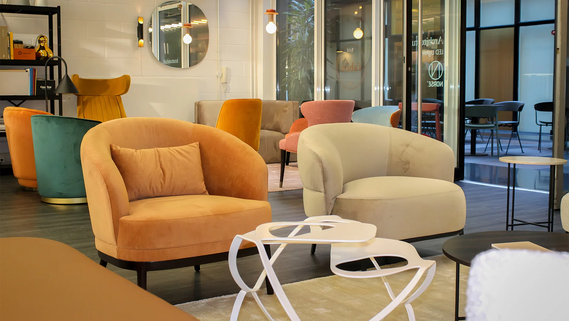 showroom display of cozy lounge armchairs with plush upholstery.