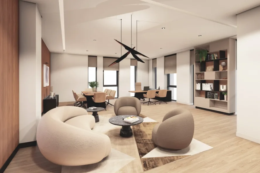 Sleek office design showcasing a spacious open space with stylish furniture - cat b office fit out.