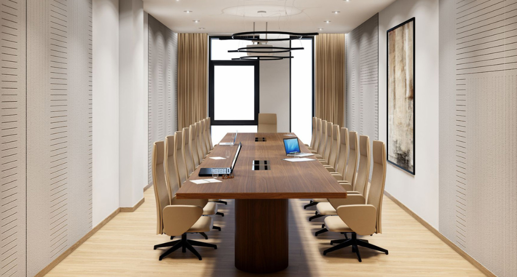 Board room with long table and chairs for meetings and presentations - interior design.