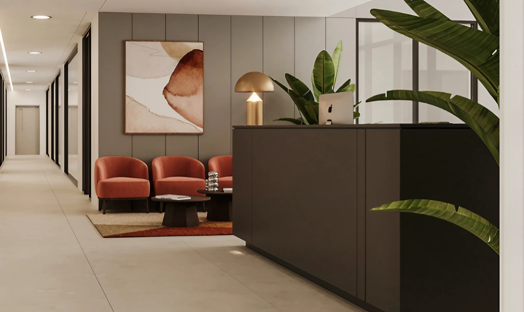 a modern office lobby with a reception desk red armchairs a coffee table a large abstract painting and several potted plants - interior design