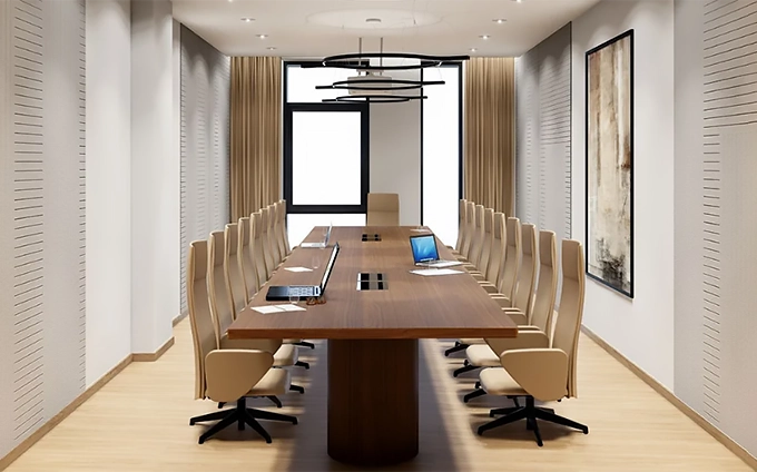 an elegantly furnished conference room featuring a long table chairs designed for board meetings and discussions